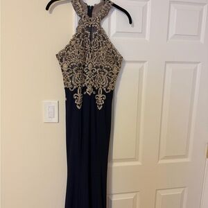 Xscape Black and Gold Embellished Halter Dress